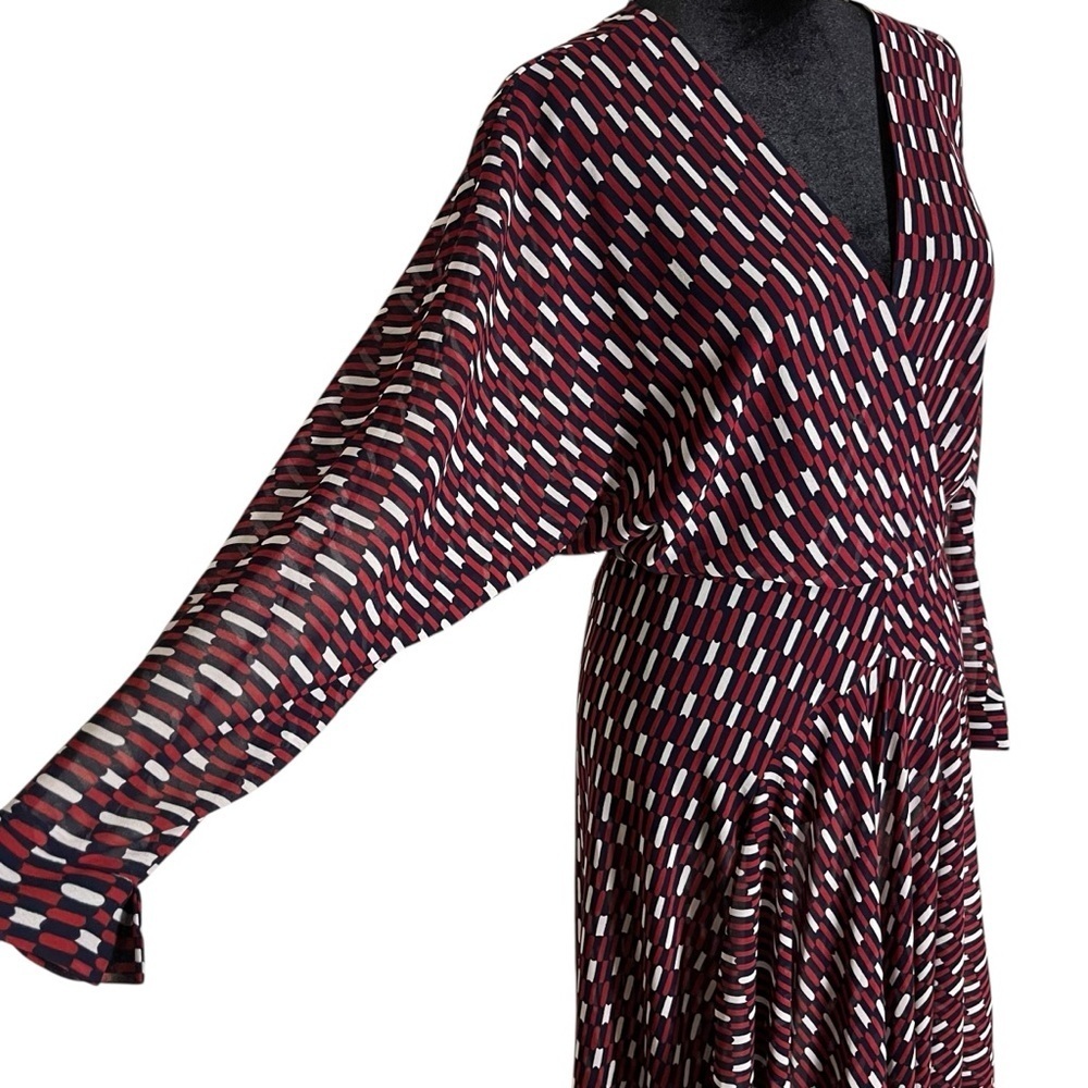 Maje Blue White Red Print Sheer Faux Wrap Raglan Sleeve Dress — 2 (Medium) - Picture 12 of 16